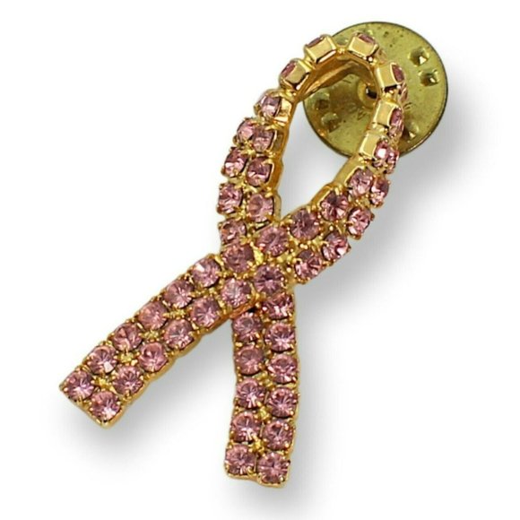 Breast Cancer Awareness Ribbon With Pink Rhinestones Pin - Picture 1 of 5